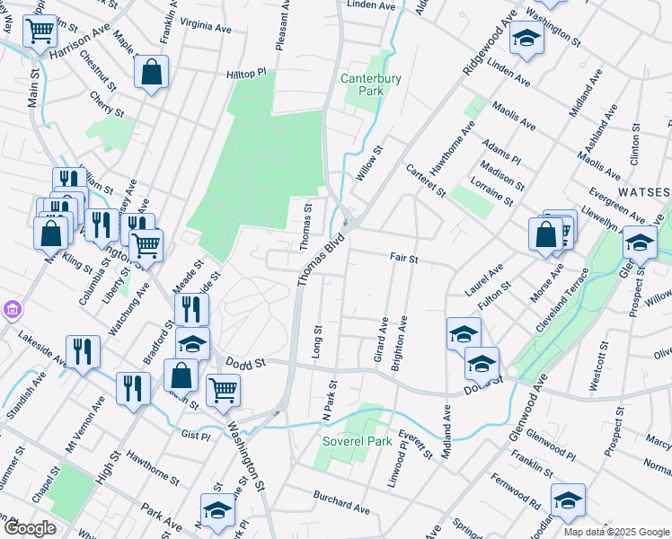 map of restaurants, bars, coffee shops, grocery stores, and more near 592 Thomas Boulevard in East Orange