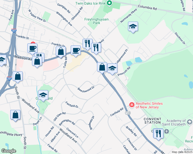 map of restaurants, bars, coffee shops, grocery stores, and more near 221 Pitney Place in Morristown
