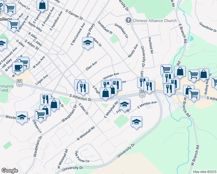 map of restaurants, bars, coffee shops, grocery stores, and more near 244 Homan Avenue in State College