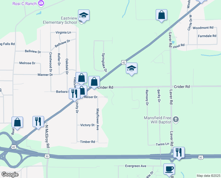 map of restaurants, bars, coffee shops, grocery stores, and more near 566 U.S. 42 West in Mansfield