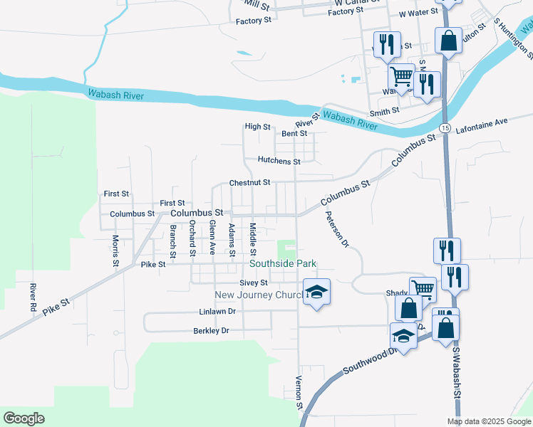 map of restaurants, bars, coffee shops, grocery stores, and more near 1345 Middle Street in Wabash