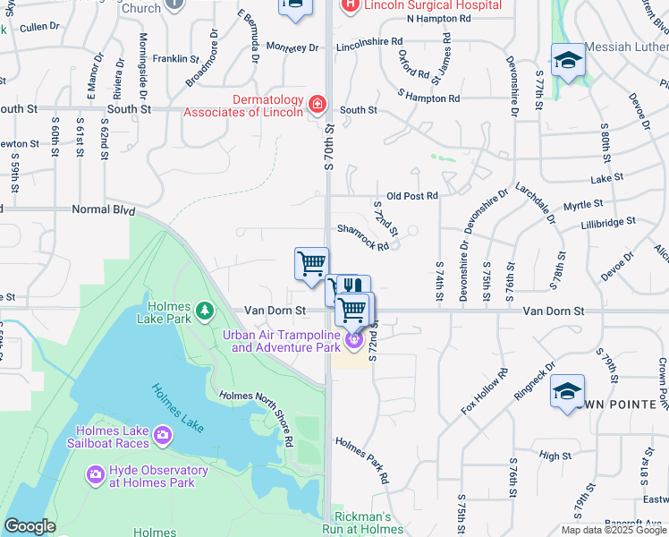 map of restaurants, bars, coffee shops, grocery stores, and more near 2601 South 70th Street in Lincoln