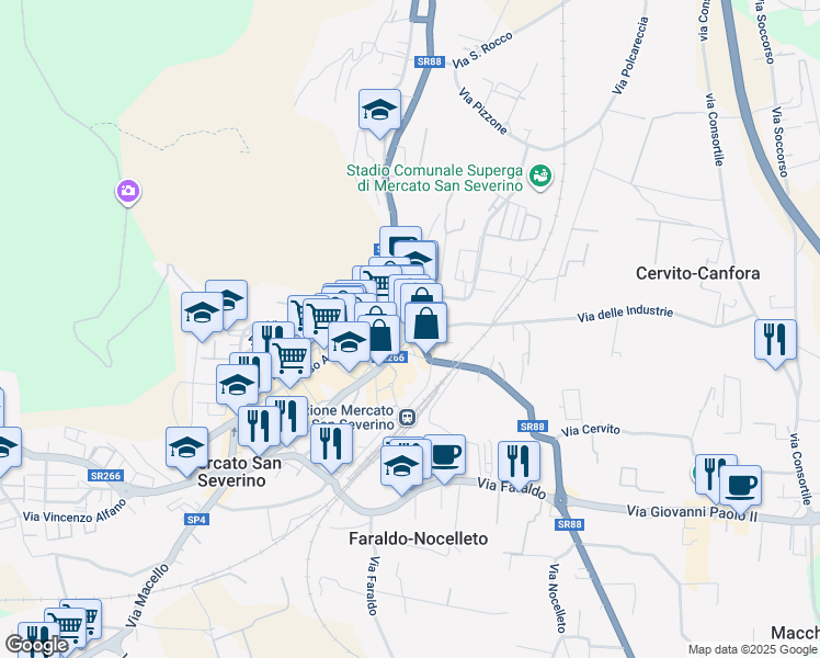 map of restaurants, bars, coffee shops, grocery stores, and more near 22 Piazza Dante in Mercato San Severino
