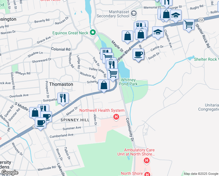 map of restaurants, bars, coffee shops, grocery stores, and more near 11 Valley View Road in Great Neck