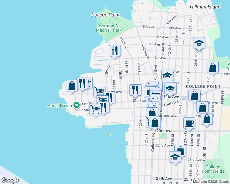 map of restaurants, bars, coffee shops, grocery stores, and more near 14th Avenue & 116th Street in Queens
