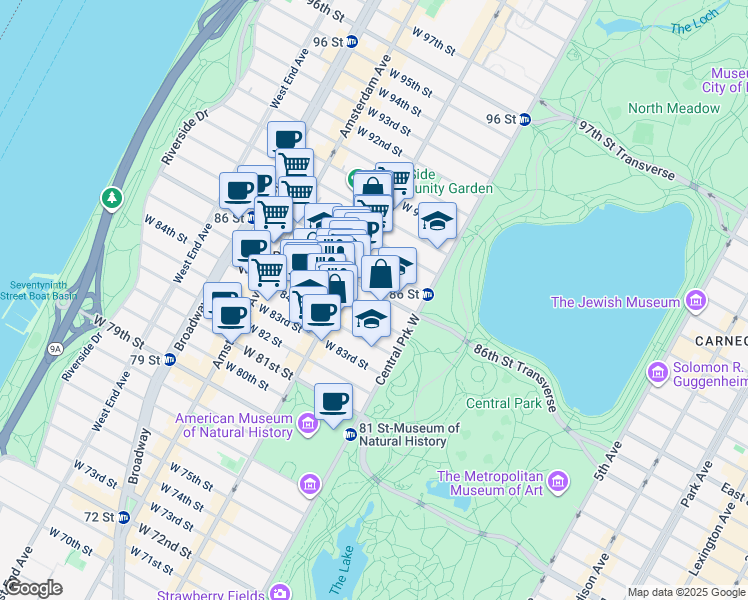 map of restaurants, bars, coffee shops, grocery stores, and more near 34 West 86th Street in New York