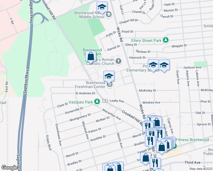 map of restaurants, bars, coffee shops, grocery stores, and more near 33 Leahy Avenue in Brentwood