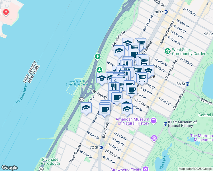 map of restaurants, bars, coffee shops, grocery stores, and more near 314 West 81st Street in New York