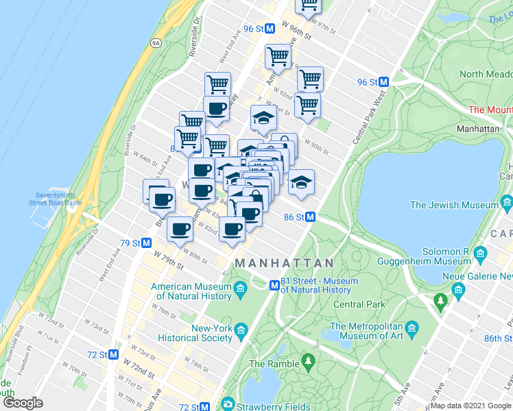 map of restaurants, bars, coffee shops, grocery stores, and more near in New York