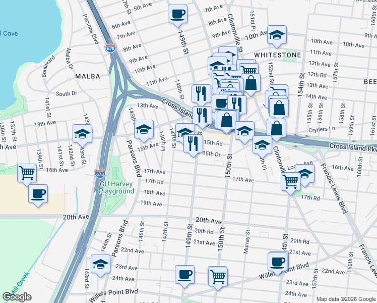 map of restaurants, bars, coffee shops, grocery stores, and more near 15-16 149th Street in Queens