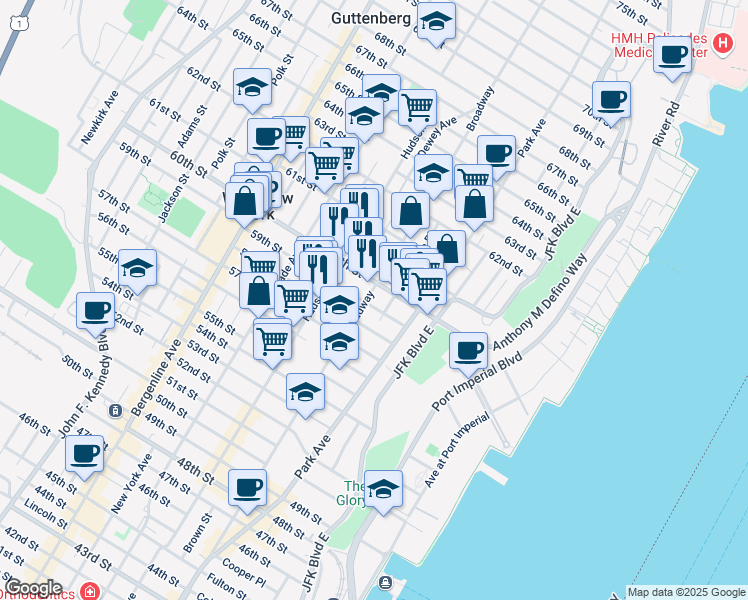map of restaurants, bars, coffee shops, grocery stores, and more near 207 60th Street in West New York