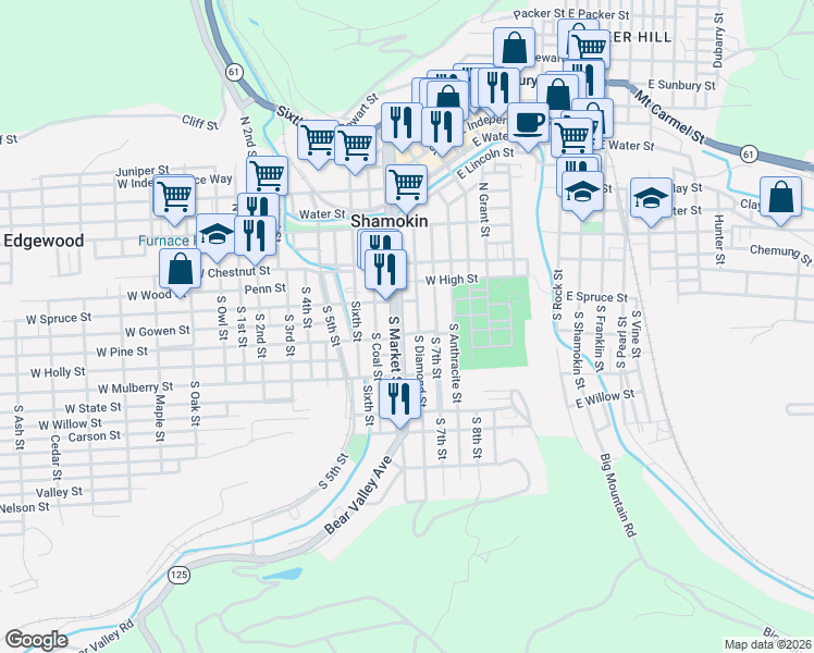 map of restaurants, bars, coffee shops, grocery stores, and more near 109 South Market Street in Shamokin