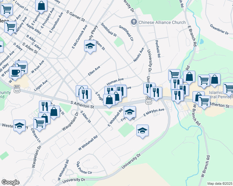 map of restaurants, bars, coffee shops, grocery stores, and more near 228 Bradley Avenue in State College
