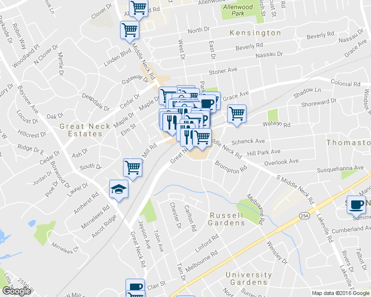 map of restaurants, bars, coffee shops, grocery stores, and more near 44 Great Neck Rd in Great Neck