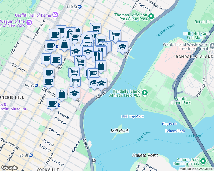 map of restaurants, bars, coffee shops, grocery stores, and more near 420 East 102nd Street in New York