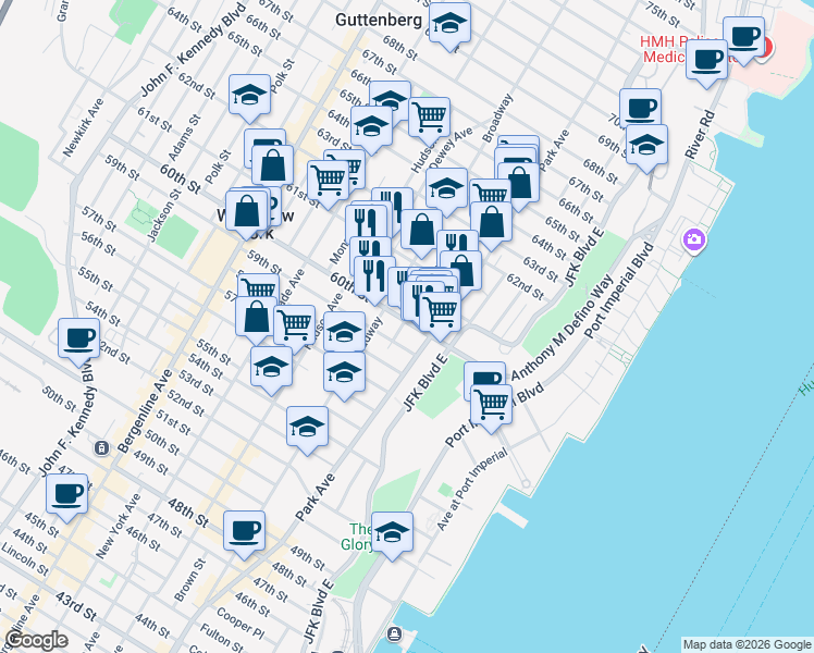 map of restaurants, bars, coffee shops, grocery stores, and more near 119 60th Street in West New York