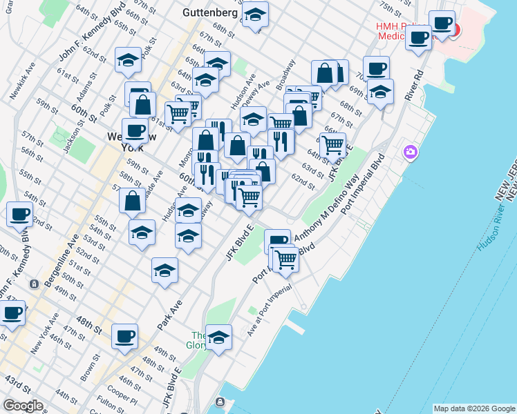 map of restaurants, bars, coffee shops, grocery stores, and more near 6035 Park Avenue in West New York
