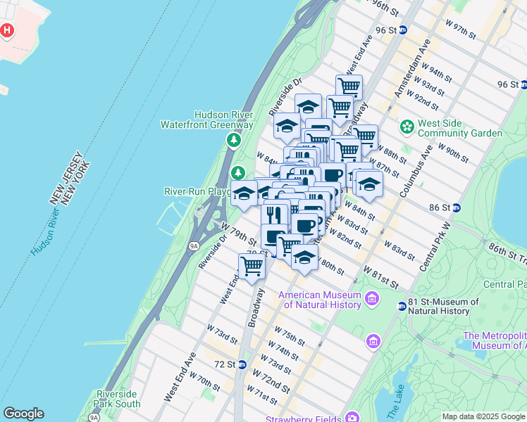 map of restaurants, bars, coffee shops, grocery stores, and more near 331 West 81st Street in New York
