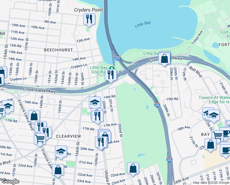 map of restaurants, bars, coffee shops, grocery stores, and more near 201-10 Cross Island Parkway in Queens