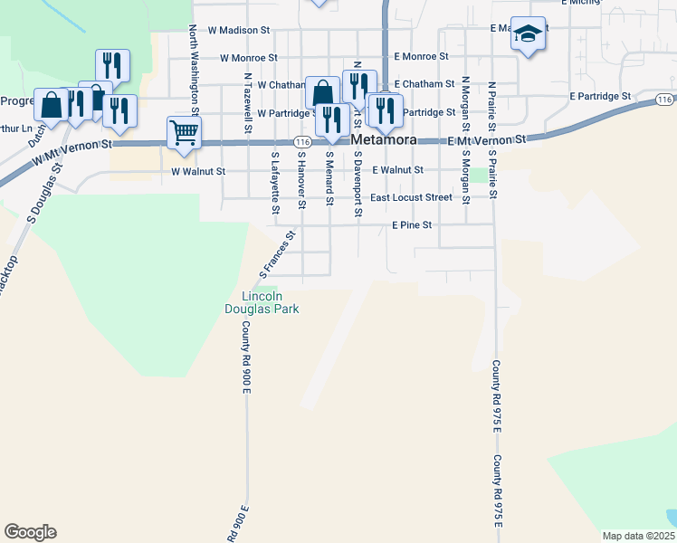 map of restaurants, bars, coffee shops, grocery stores, and more near 501 South Davenport Street in Metamora