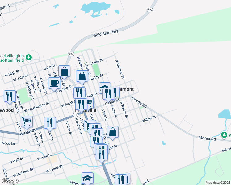 map of restaurants, bars, coffee shops, grocery stores, and more near 22 South Wylam Street in Frackville