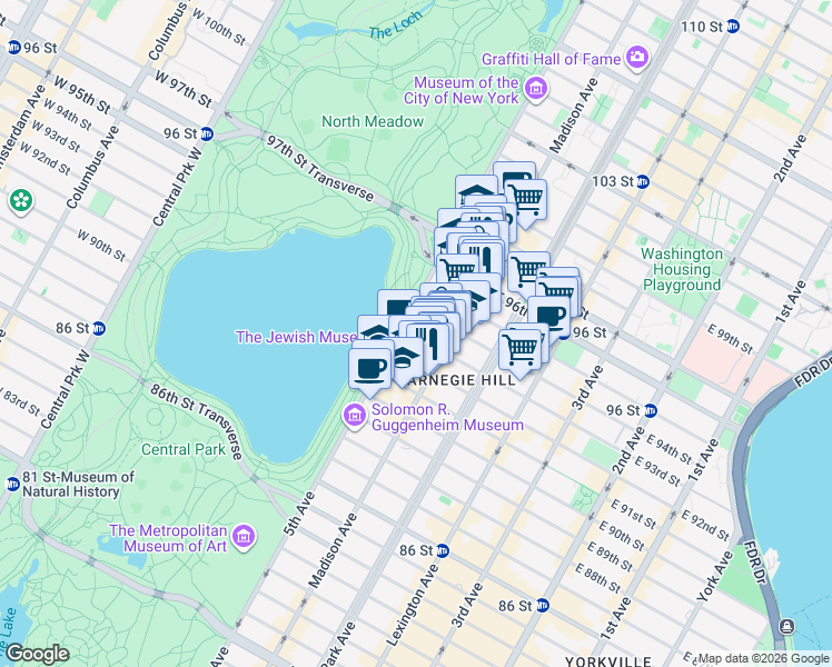 map of restaurants, bars, coffee shops, grocery stores, and more near 5 East 94th Street in New York