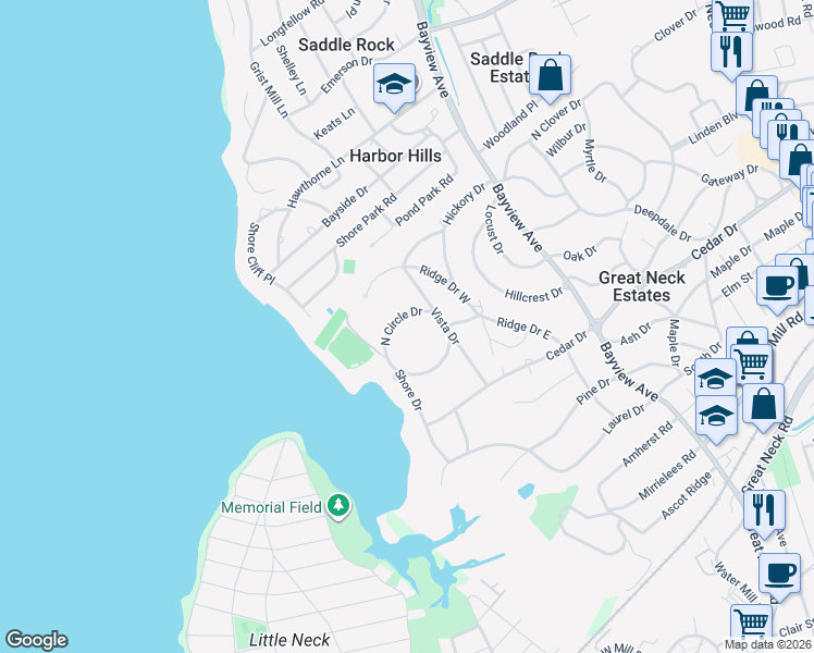 map of restaurants, bars, coffee shops, grocery stores, and more near 11 Circle Drive North in Great Neck Estates