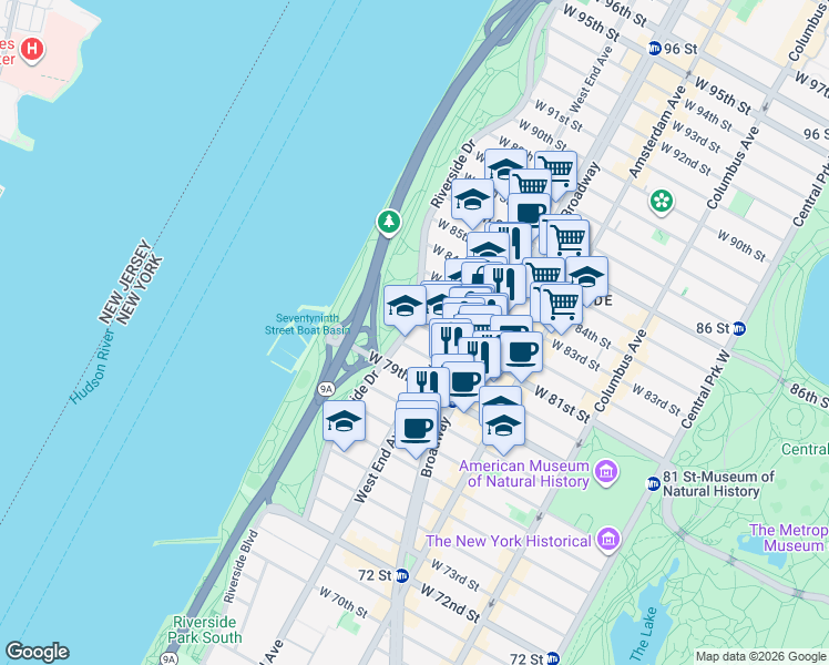 map of restaurants, bars, coffee shops, grocery stores, and more near in New York