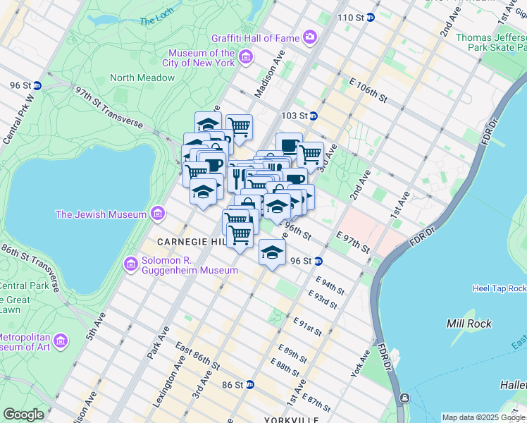 map of restaurants, bars, coffee shops, grocery stores, and more near East 96th Street in New York