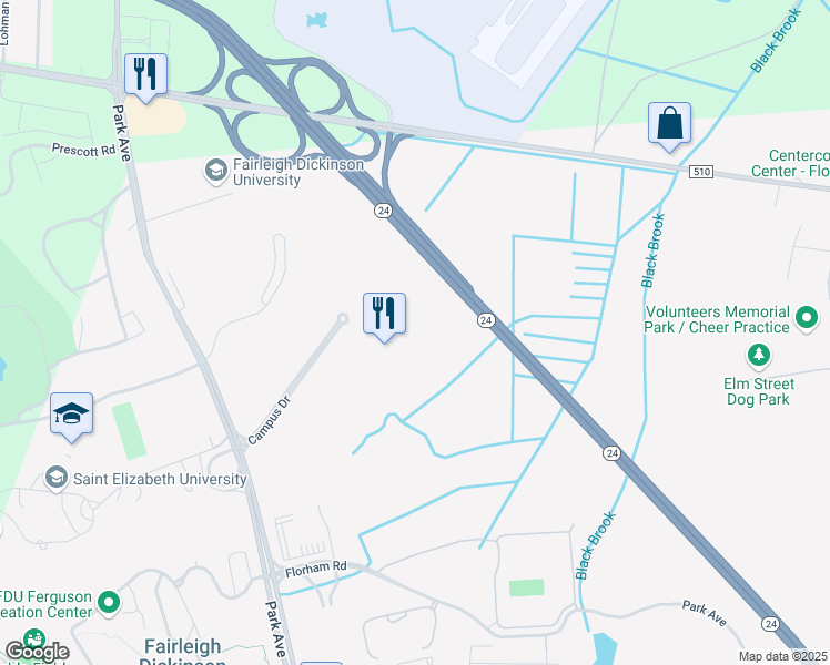 map of restaurants, bars, coffee shops, grocery stores, and more near 600 Campus Drive in Florham Park