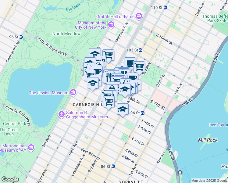 map of restaurants, bars, coffee shops, grocery stores, and more near 130 East 96th Street in New York