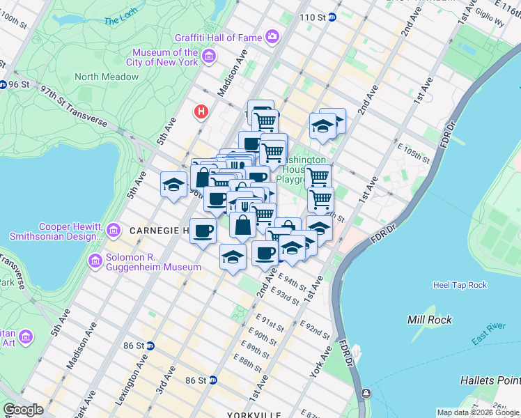 map of restaurants, bars, coffee shops, grocery stores, and more near 3rd Avenue & East 97th Street in New York