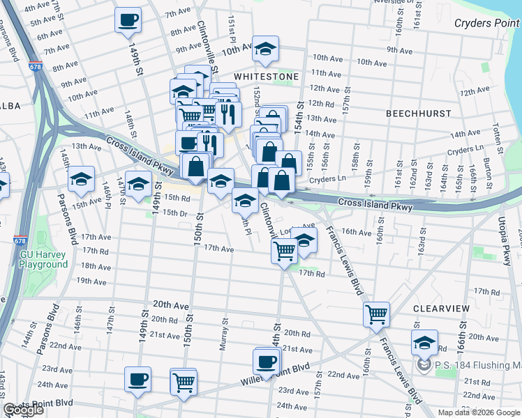 map of restaurants, bars, coffee shops, grocery stores, and more near 150-80 Cross Island Parkway in Queens