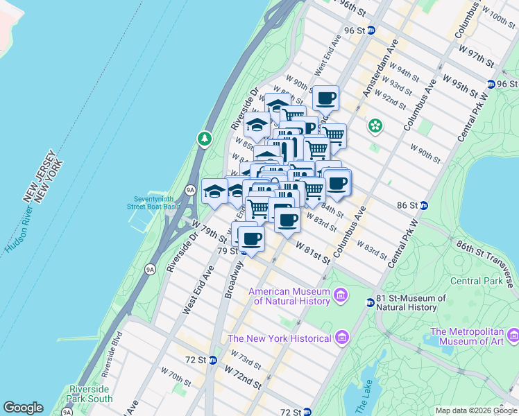 map of restaurants, bars, coffee shops, grocery stores, and more near 250 West 82nd Street in New York