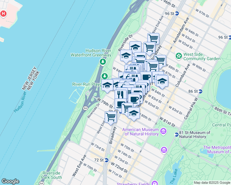 map of restaurants, bars, coffee shops, grocery stores, and more near 309 West 81st Street in New York