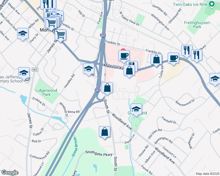 map of restaurants, bars, coffee shops, grocery stores, and more near 310 South Street in Morristown
