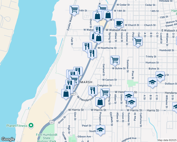 map of restaurants, bars, coffee shops, grocery stores, and more near 2344 Progress Avenue in Eureka