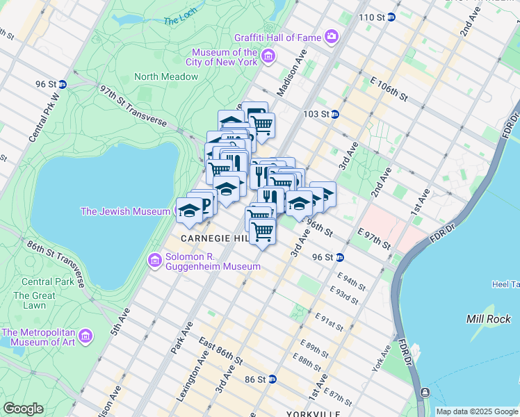 map of restaurants, bars, coffee shops, grocery stores, and more near 1225 Park Avenue in New York