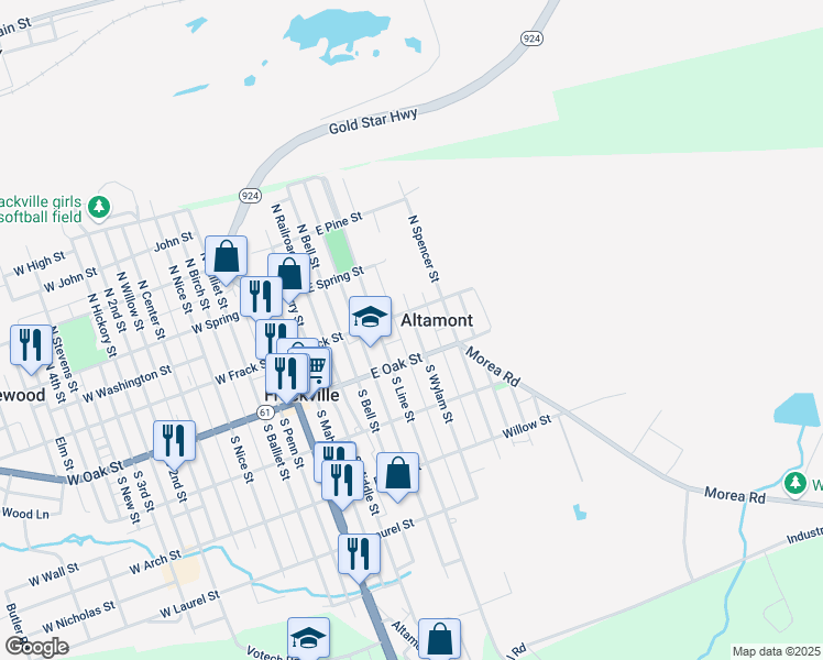 map of restaurants, bars, coffee shops, grocery stores, and more near 22 South Wylam Street in Frackville