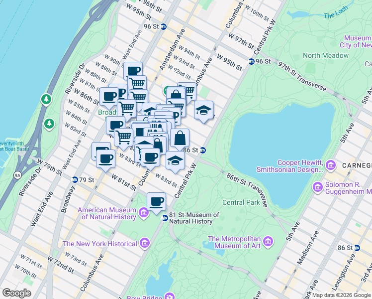 map of restaurants, bars, coffee shops, grocery stores, and more near 50 West 87th Street in New York