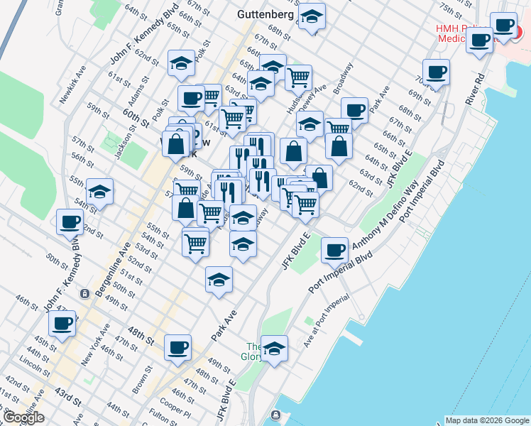 map of restaurants, bars, coffee shops, grocery stores, and more near 207 60th Street in West New York