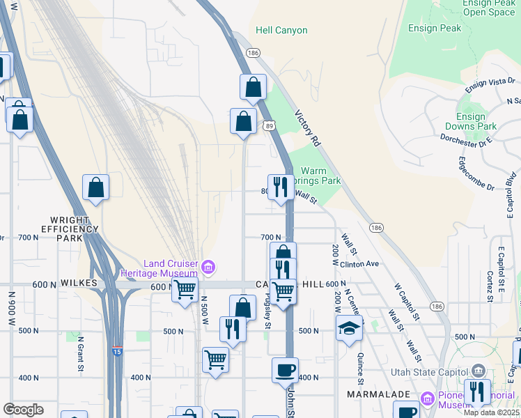map of restaurants, bars, coffee shops, grocery stores, and more near 351 West 800 North in Salt Lake City