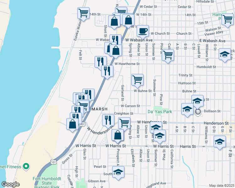 map of restaurants, bars, coffee shops, grocery stores, and more near 748 West Buhne Street in Eureka