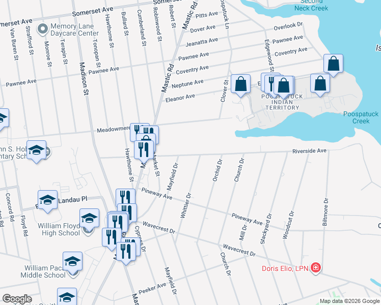 map of restaurants, bars, coffee shops, grocery stores, and more near 135 Riverside Avenue in Mastic Beach