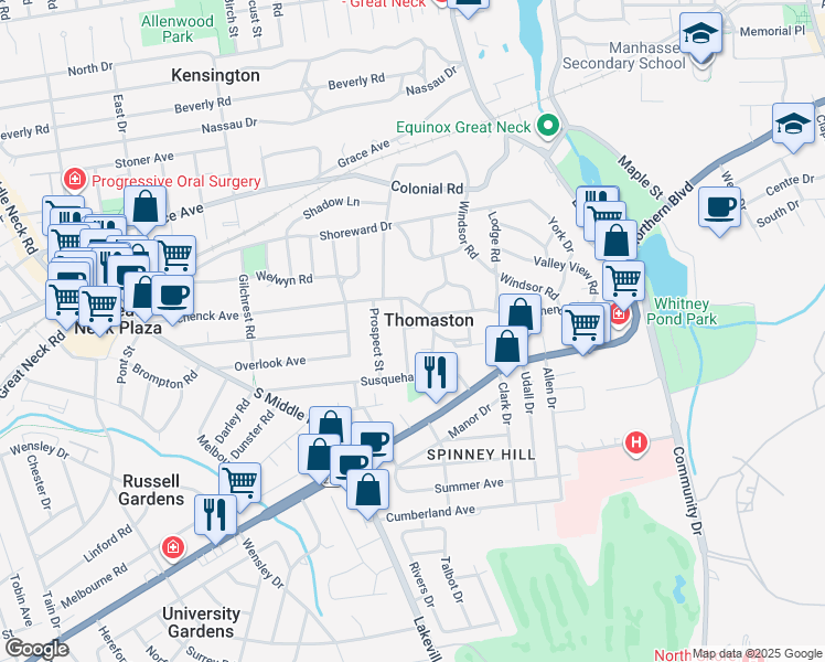 map of restaurants, bars, coffee shops, grocery stores, and more near 2 Spruce Street in Great Neck
