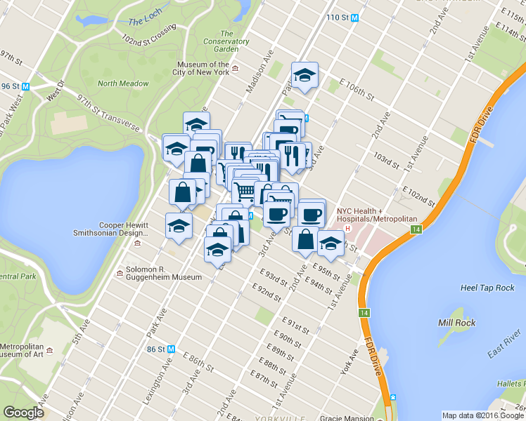 map of restaurants, bars, coffee shops, grocery stores, and more near 135 East 97th Street in New York