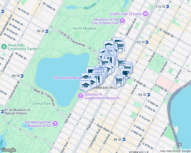 map of restaurants, bars, coffee shops, grocery stores, and more near 5 East 94th Street in New York