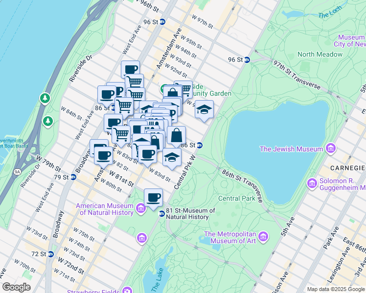 map of restaurants, bars, coffee shops, grocery stores, and more near 50 West 87th Street in New York