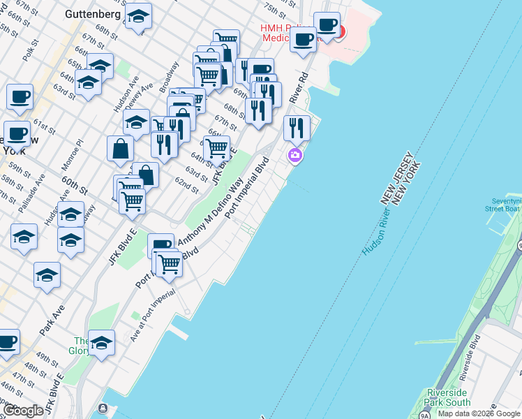 map of restaurants, bars, coffee shops, grocery stores, and more near in West New York