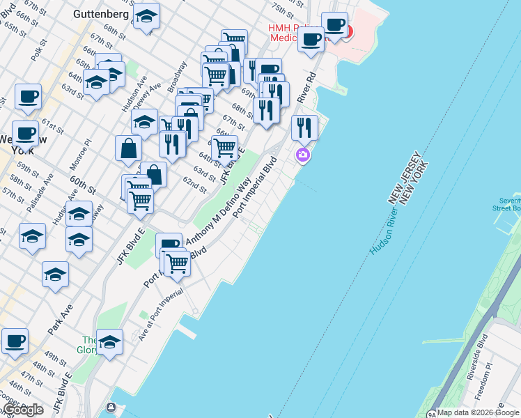 map of restaurants, bars, coffee shops, grocery stores, and more near in West New York